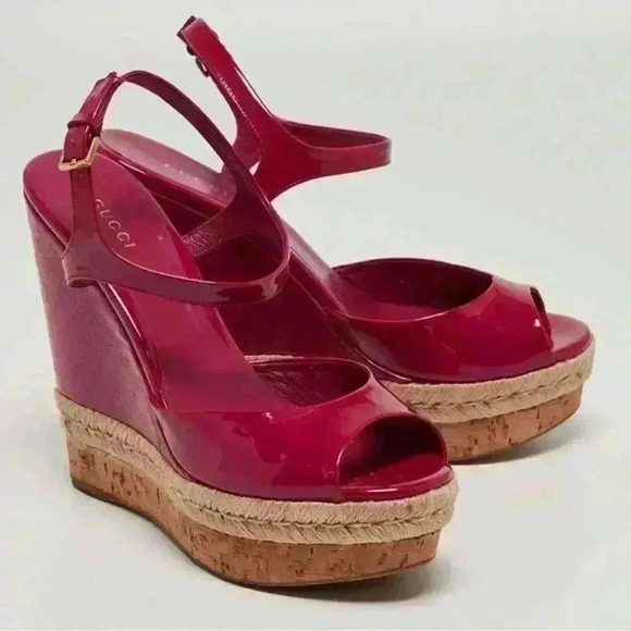 Gucci Red Hollie Patent Leather Platform Vernice Crystal Rose Bed Wedges - Picture 4 of 8
